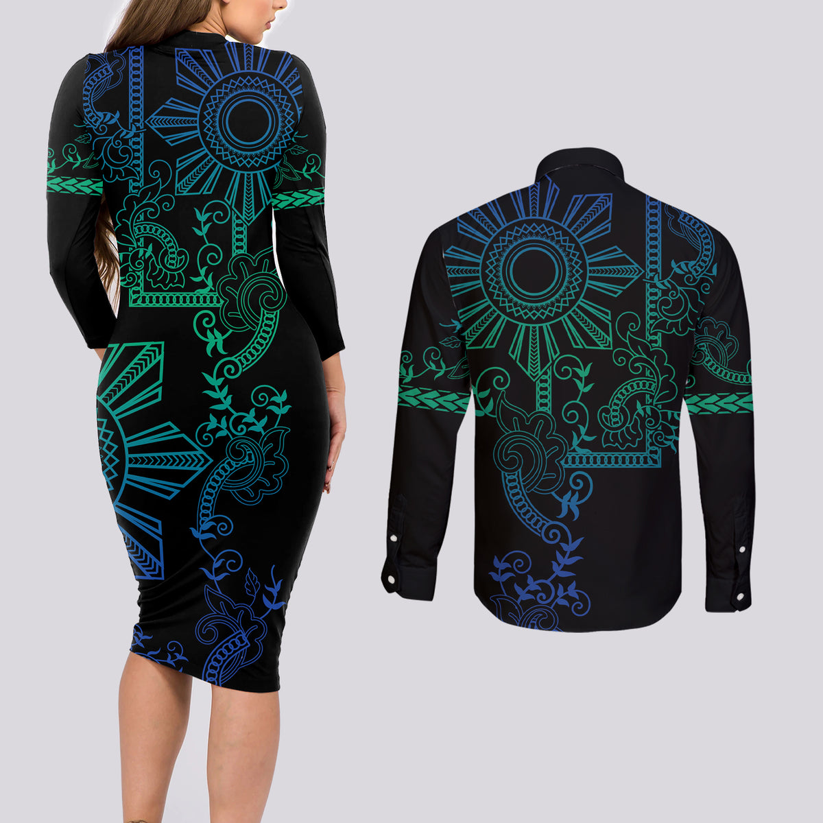 Filipino Sun Tribal Tattoo Couples Matching Long Sleeve Bodycon Dress and Long Sleeve Button Shirt Philippines Inspired Barong Blue Art LT9 - Wonder Print Shop