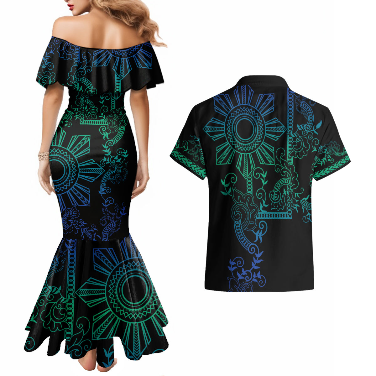 Filipino Sun Tribal Tattoo Couples Matching Mermaid Dress and Hawaiian Shirt Philippines Inspired Barong Blue Art LT9 - Wonder Print Shop