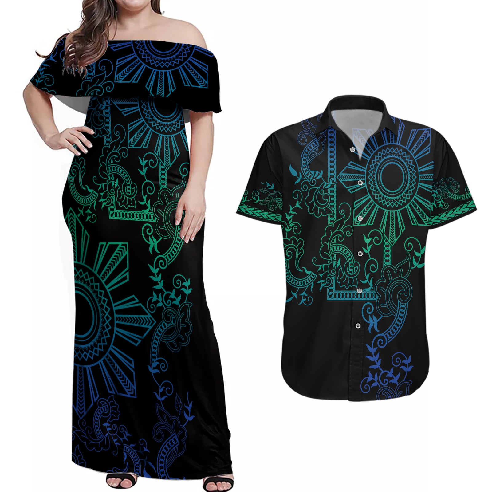 Filipino Sun Tribal Tattoo Couples Matching Off Shoulder Maxi Dress and Hawaiian Shirt Philippines Inspired Barong Blue Art LT9 - Wonder Print Shop