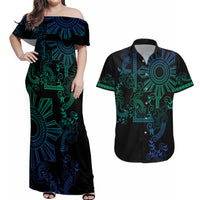 Filipino Sun Tribal Tattoo Couples Matching Off Shoulder Maxi Dress and Hawaiian Shirt Philippines Inspired Barong Blue Art LT9 - Wonder Print Shop