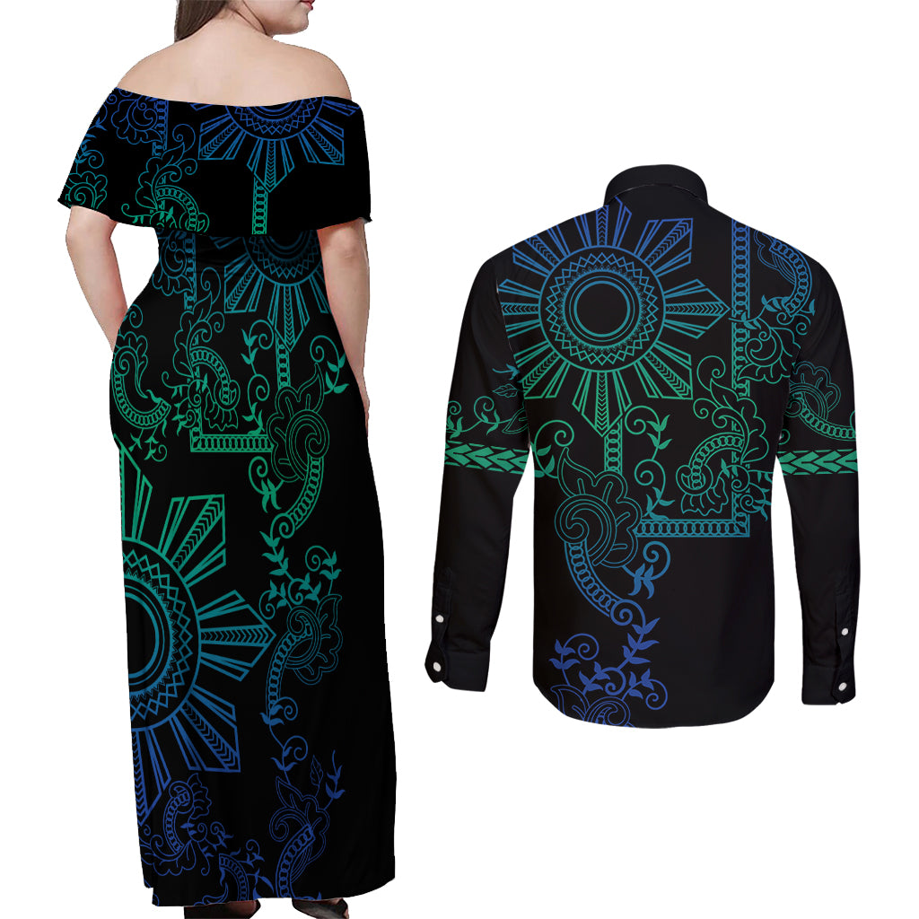 Filipino Sun Tribal Tattoo Couples Matching Off Shoulder Maxi Dress and Long Sleeve Button Shirt Philippines Inspired Barong Blue Art LT9 - Wonder Print Shop