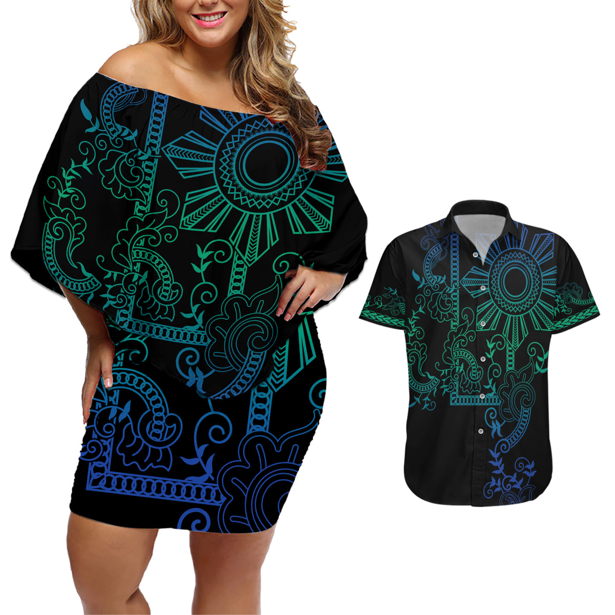 Filipino Sun Tribal Tattoo Couples Matching Off Shoulder Short Dress and Hawaiian Shirt Philippines Inspired Barong Blue Art LT9 - Wonder Print Shop