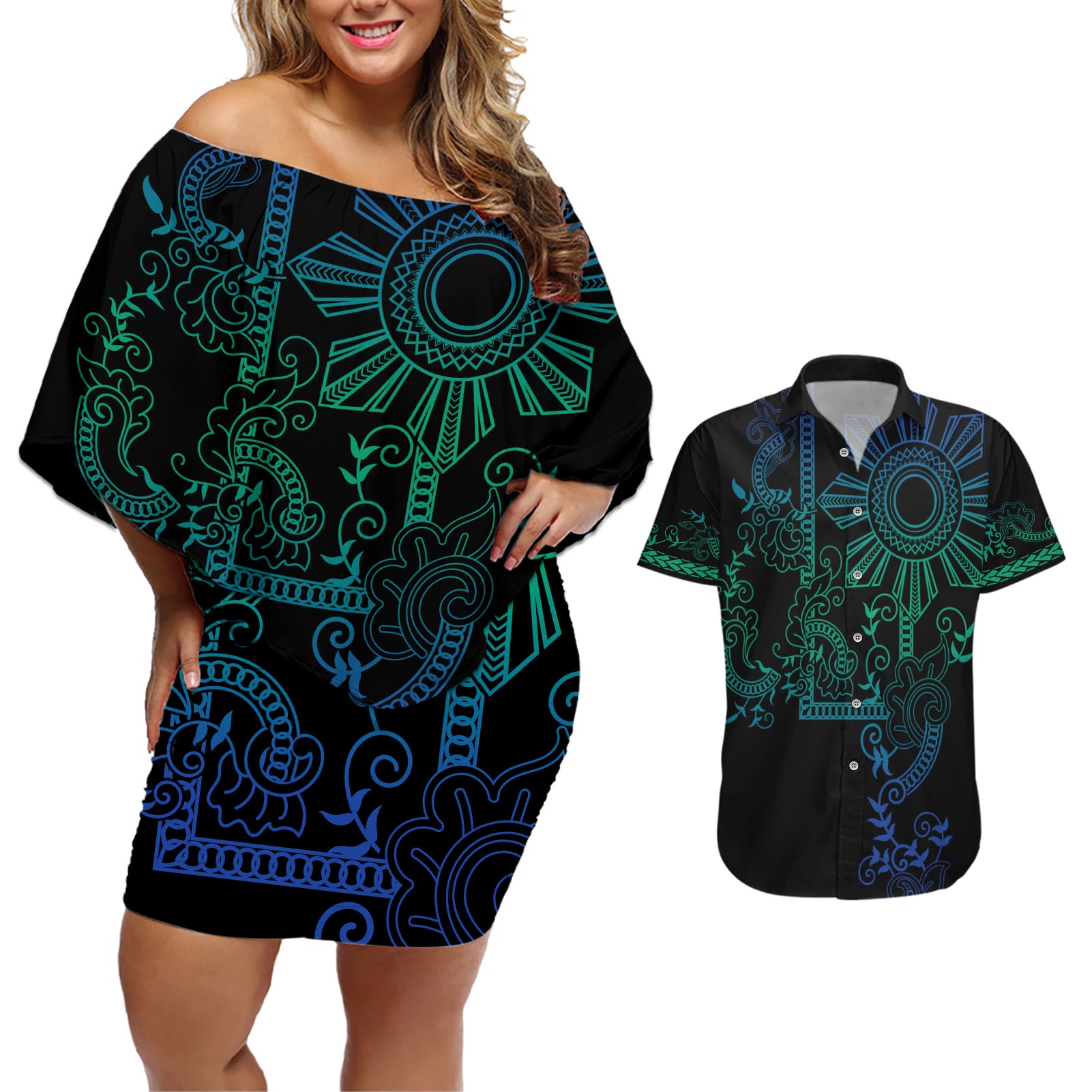 Filipino Sun Tribal Tattoo Couples Matching Off Shoulder Short Dress and Hawaiian Shirt Philippines Inspired Barong Blue Art LT9 - Wonder Print Shop