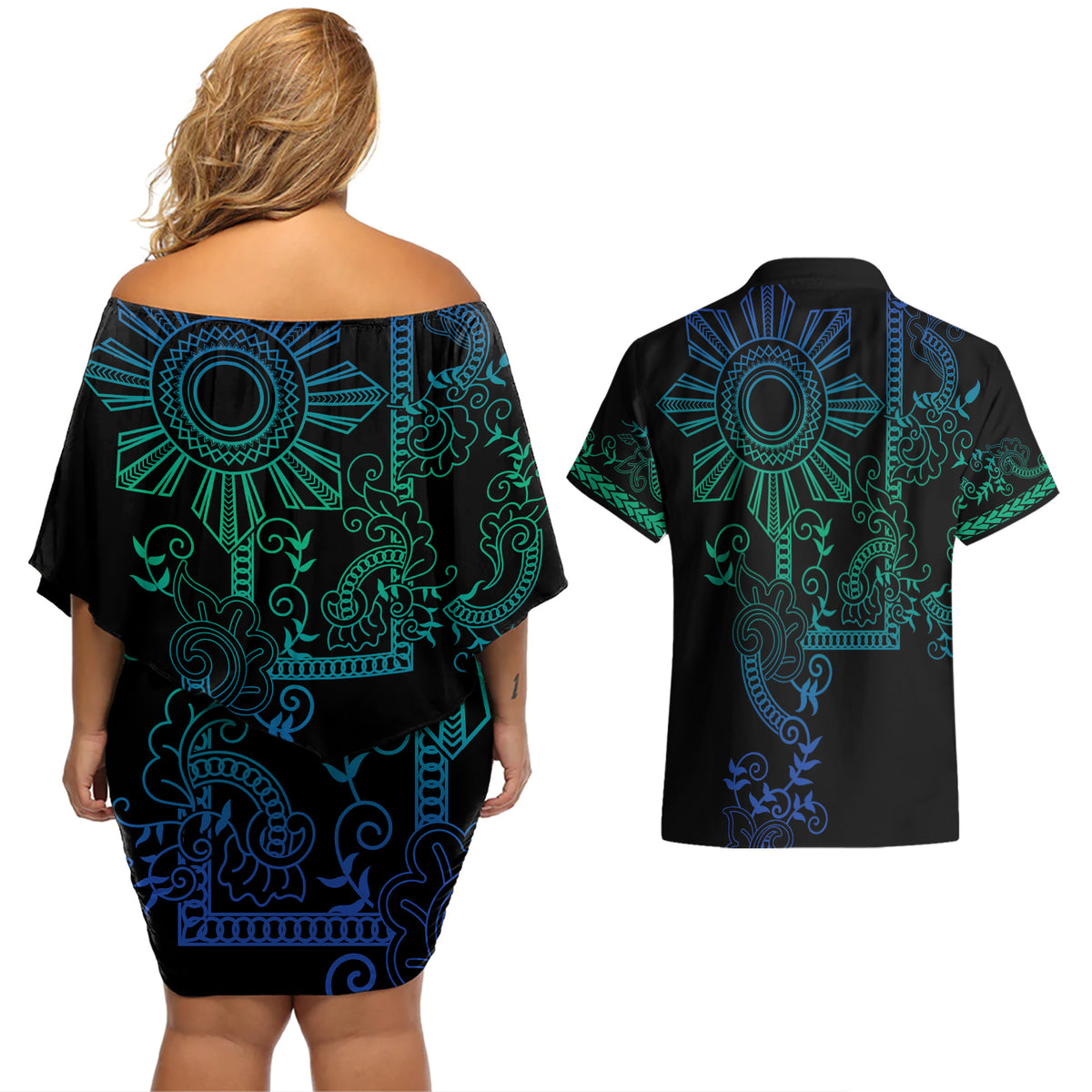 Filipino Sun Tribal Tattoo Couples Matching Off Shoulder Short Dress and Hawaiian Shirt Philippines Inspired Barong Blue Art LT9 - Wonder Print Shop