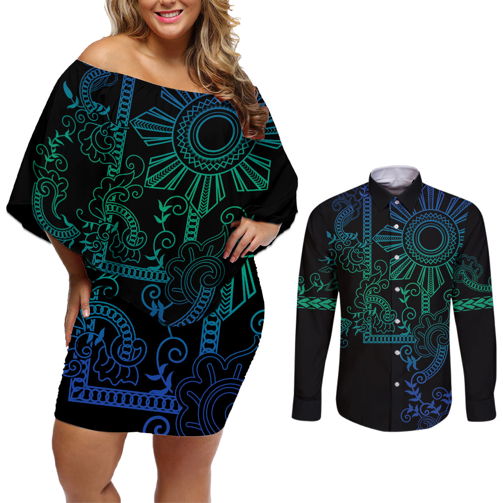 Filipino Sun Tribal Tattoo Couples Matching Off Shoulder Short Dress and Long Sleeve Button Shirt Philippines Inspired Barong Blue Art LT9 - Wonder Print Shop