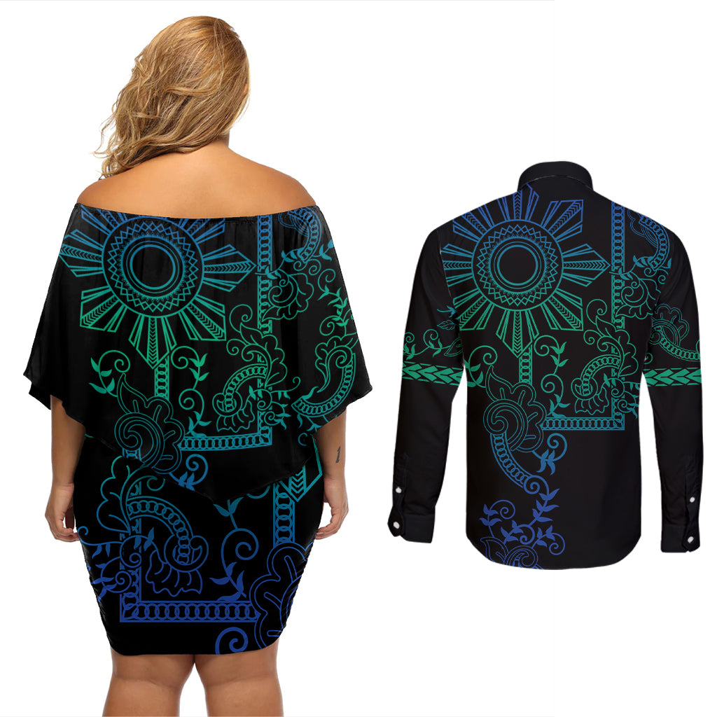 Filipino Sun Tribal Tattoo Couples Matching Off Shoulder Short Dress and Long Sleeve Button Shirt Philippines Inspired Barong Blue Art LT9 - Wonder Print Shop