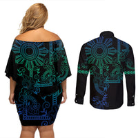 Filipino Sun Tribal Tattoo Couples Matching Off Shoulder Short Dress and Long Sleeve Button Shirt Philippines Inspired Barong Blue Art LT9 - Wonder Print Shop