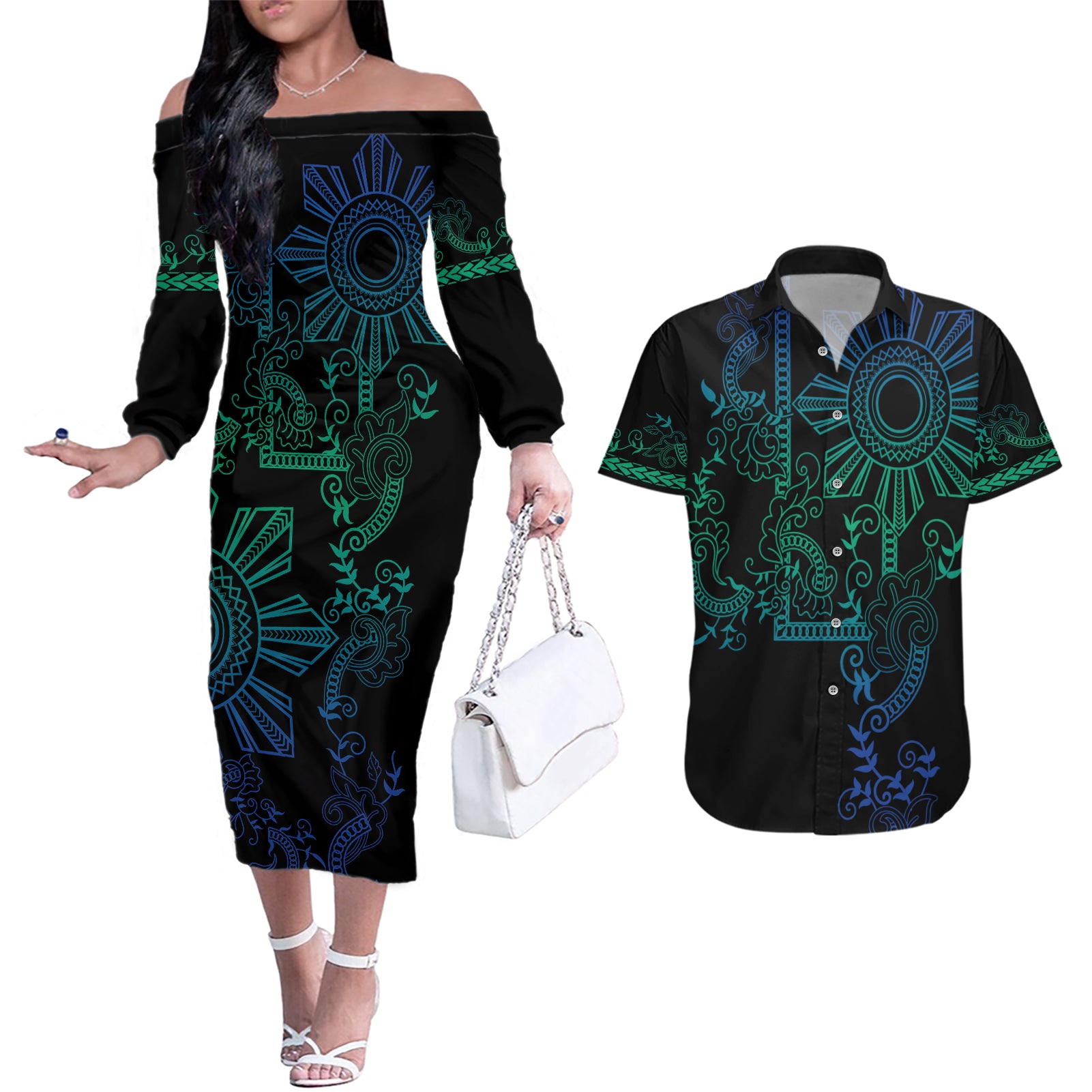 Filipino Sun Tribal Tattoo Couples Matching Off The Shoulder Long Sleeve Dress and Hawaiian Shirt Philippines Inspired Barong Blue Art LT9 - Wonder Print Shop