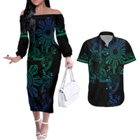 Filipino Sun Tribal Tattoo Couples Matching Off The Shoulder Long Sleeve Dress and Hawaiian Shirt Philippines Inspired Barong Blue Art LT9 - Wonder Print Shop