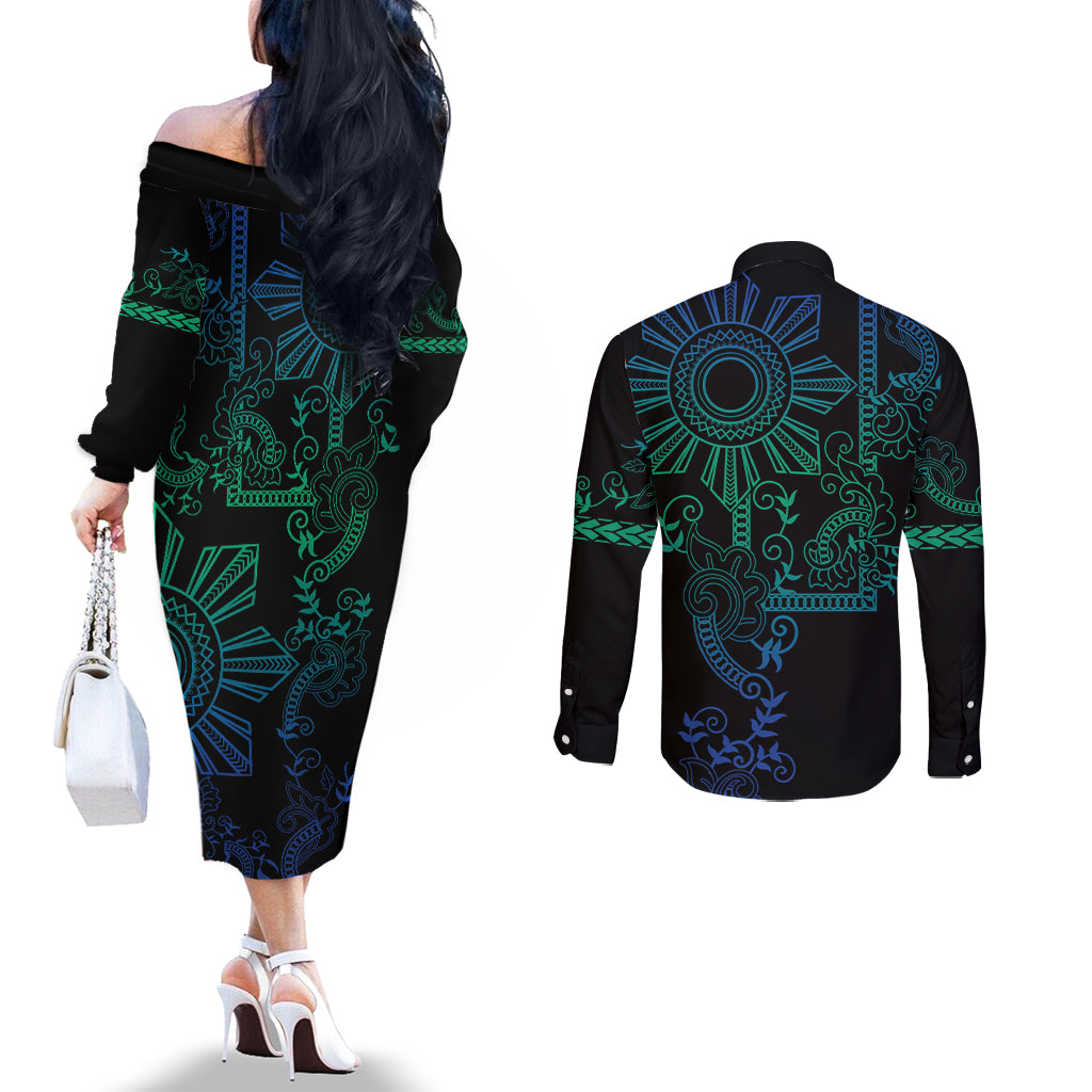 Filipino Sun Tribal Tattoo Couples Matching Off The Shoulder Long Sleeve Dress and Long Sleeve Button Shirt Philippines Inspired Barong Blue Art
