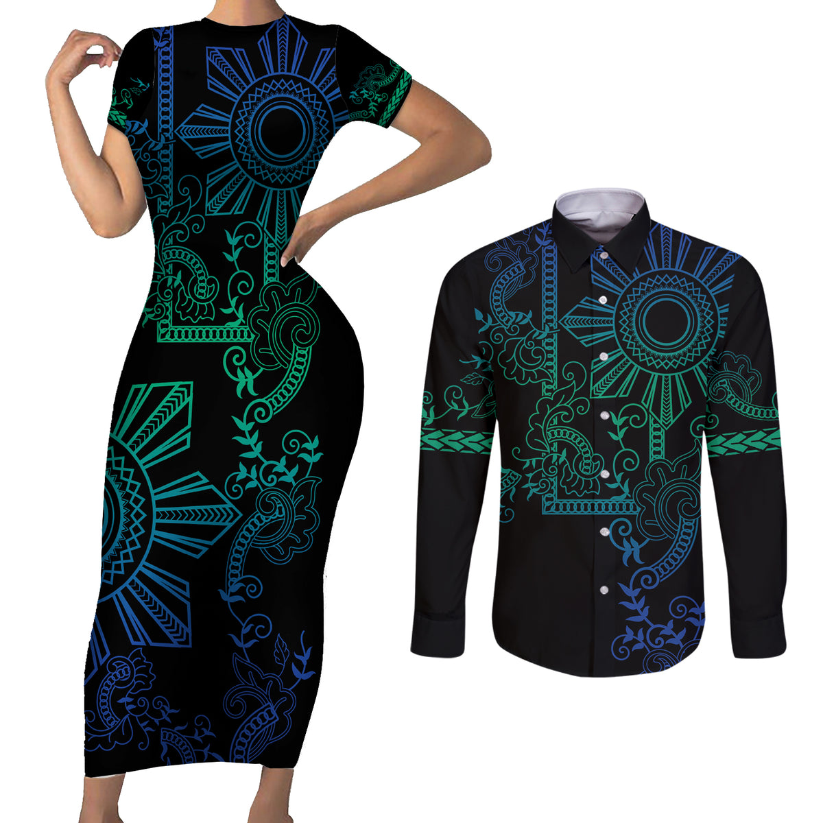 Filipino Sun Tribal Tattoo Couples Matching Short Sleeve Bodycon Dress and Long Sleeve Button Shirt Philippines Inspired Barong Blue Art LT9 - Wonder Print Shop