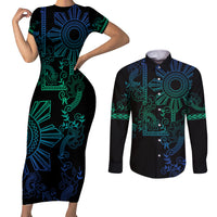Filipino Sun Tribal Tattoo Couples Matching Short Sleeve Bodycon Dress and Long Sleeve Button Shirt Philippines Inspired Barong Blue Art LT9 - Wonder Print Shop