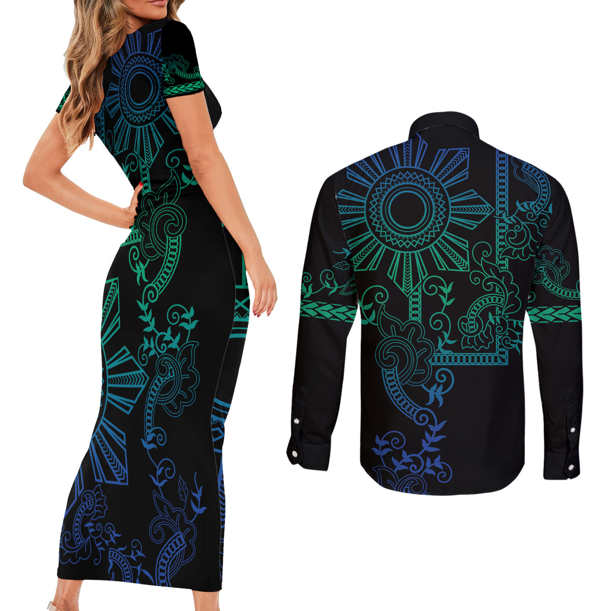Filipino Sun Tribal Tattoo Couples Matching Short Sleeve Bodycon Dress and Long Sleeve Button Shirt Philippines Inspired Barong Blue Art LT9 - Wonder Print Shop