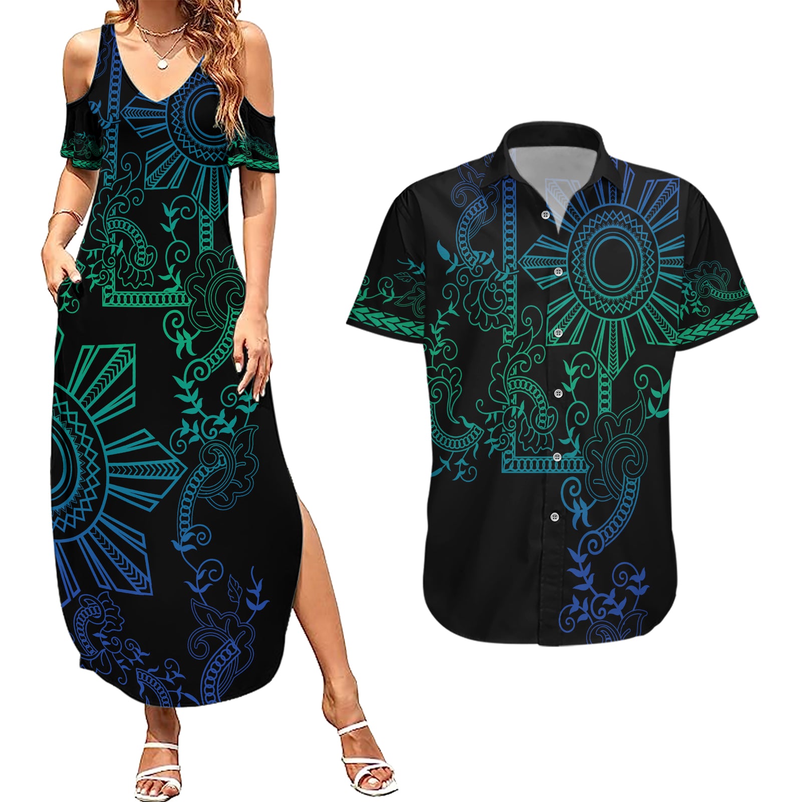 Filipino Sun Tribal Tattoo Couples Matching Summer Maxi Dress and Hawaiian Shirt Philippines Inspired Barong Blue Art LT9 - Wonder Print Shop