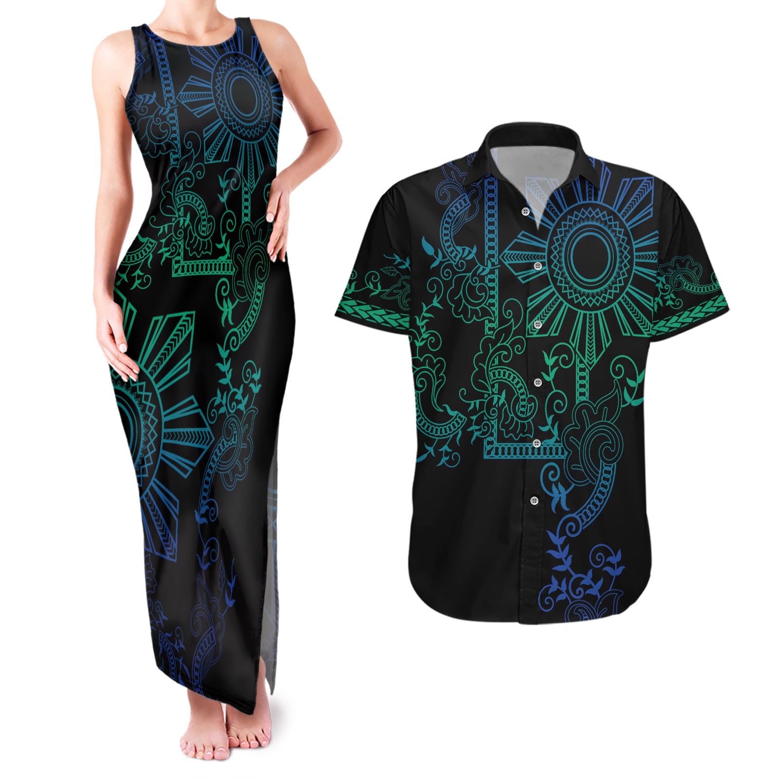 Filipino Sun Tribal Tattoo Couples Matching Tank Maxi Dress and Hawaiian Shirt Philippines Inspired Barong Blue Art LT9 - Wonder Print Shop