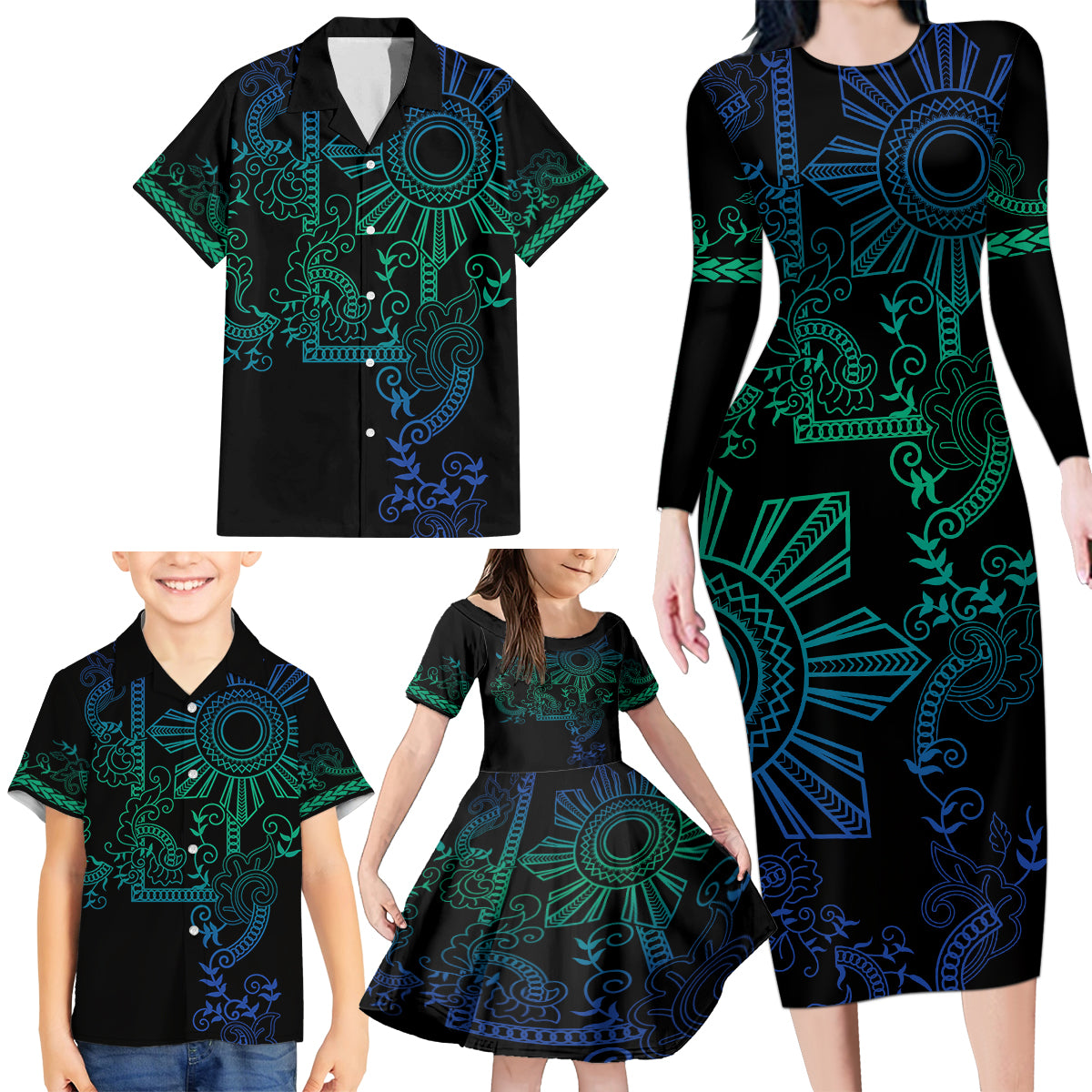 Filipino Sun Tribal Tattoo Family Matching Long Sleeve Bodycon Dress and Hawaiian Shirt Philippines Inspired Barong Blue Art LT9 - Wonder Print Shop