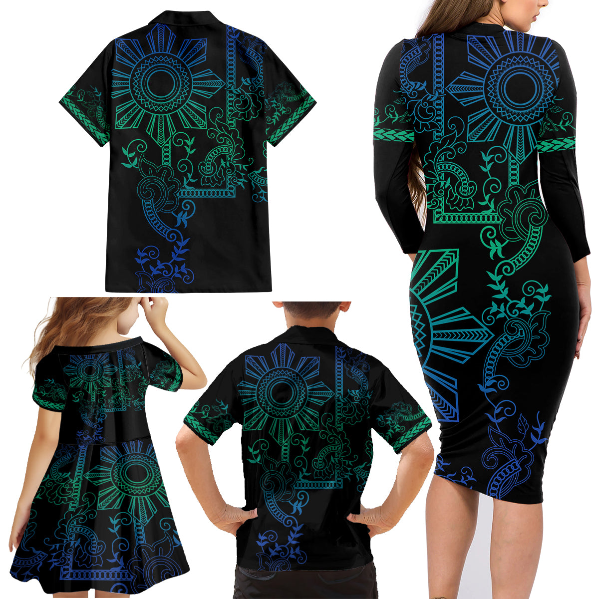 Filipino Sun Tribal Tattoo Family Matching Long Sleeve Bodycon Dress and Hawaiian Shirt Philippines Inspired Barong Blue Art LT9 - Wonder Print Shop