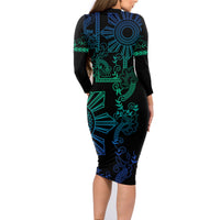 Filipino Sun Tribal Tattoo Family Matching Long Sleeve Bodycon Dress and Hawaiian Shirt Philippines Inspired Barong Blue Art LT9 - Wonder Print Shop