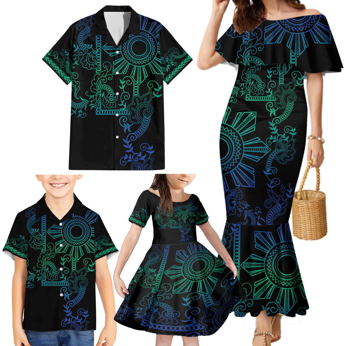 Filipino Sun Tribal Tattoo Family Matching Mermaid Dress and Hawaiian Shirt Philippines Inspired Barong Blue Art LT9 - Wonder Print Shop