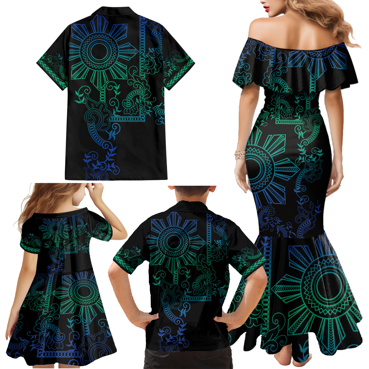 Filipino Sun Tribal Tattoo Family Matching Mermaid Dress and Hawaiian Shirt Philippines Inspired Barong Blue Art LT9 - Wonder Print Shop