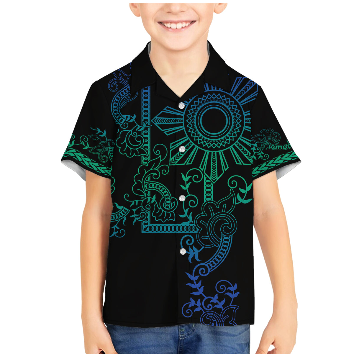Filipino Sun Tribal Tattoo Family Matching Mermaid Dress and Hawaiian Shirt Philippines Inspired Barong Blue Art LT9 - Wonder Print Shop