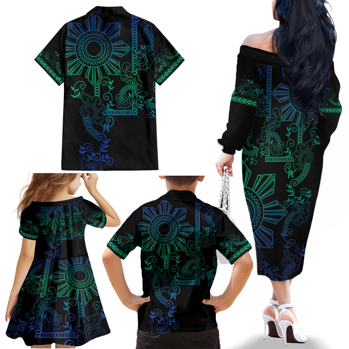 Filipino Sun Tribal Tattoo Family Matching Off The Shoulder Long Sleeve Dress and Hawaiian Shirt Philippines Inspired Barong Blue Art - Wonder Print Shop