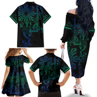 Filipino Sun Tribal Tattoo Family Matching Off The Shoulder Long Sleeve Dress and Hawaiian Shirt Philippines Inspired Barong Blue Art - Wonder Print Shop