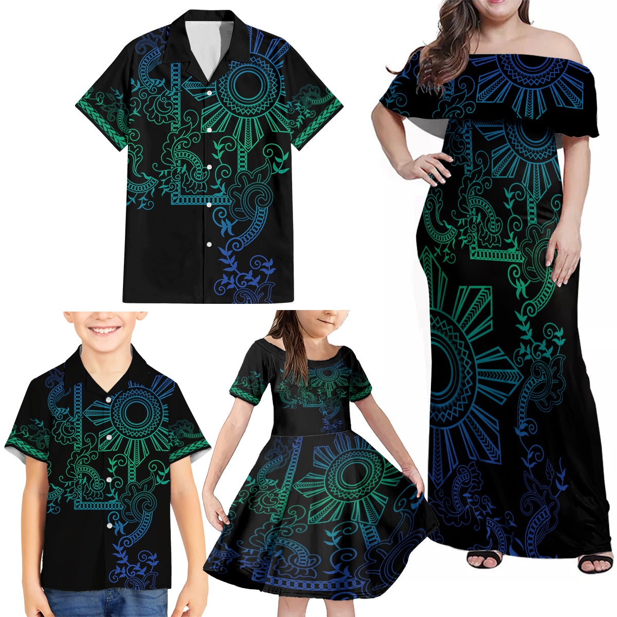 Filipino Sun Tribal Tattoo Family Matching Off Shoulder Maxi Dress and Hawaiian Shirt Philippines Inspired Barong Blue Art LT9 - Wonder Print Shop
