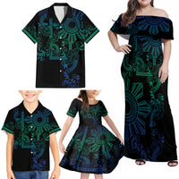 Filipino Sun Tribal Tattoo Family Matching Off Shoulder Maxi Dress and Hawaiian Shirt Philippines Inspired Barong Blue Art LT9 - Wonder Print Shop