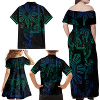 Filipino Sun Tribal Tattoo Family Matching Off Shoulder Maxi Dress and Hawaiian Shirt Philippines Inspired Barong Blue Art LT9 - Wonder Print Shop