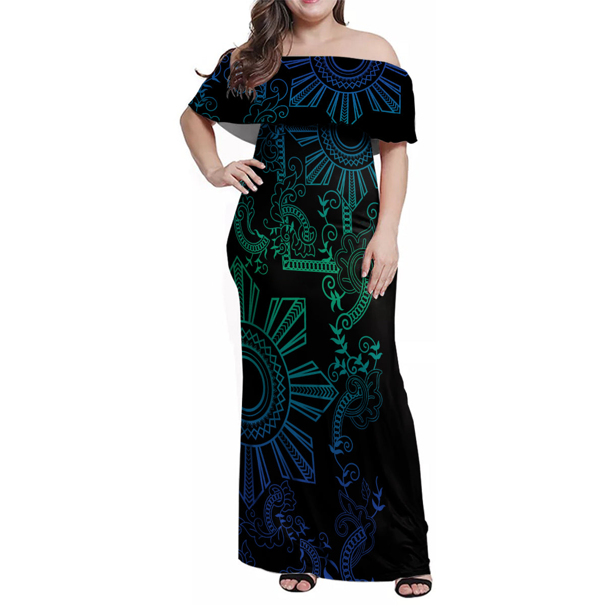Filipino Sun Tribal Tattoo Family Matching Off Shoulder Maxi Dress and Hawaiian Shirt Philippines Inspired Barong Blue Art LT9 - Wonder Print Shop