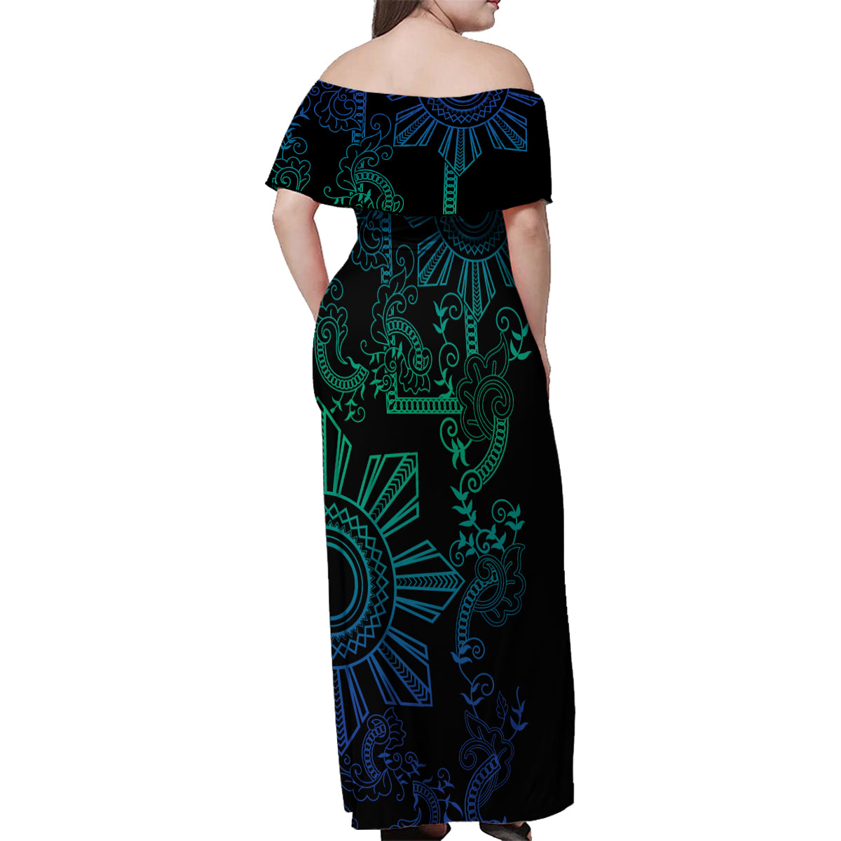 Filipino Sun Tribal Tattoo Family Matching Off Shoulder Maxi Dress and Hawaiian Shirt Philippines Inspired Barong Blue Art LT9 - Wonder Print Shop