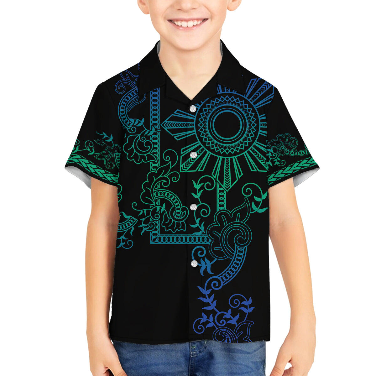 Filipino Sun Tribal Tattoo Family Matching Off Shoulder Maxi Dress and Hawaiian Shirt Philippines Inspired Barong Blue Art LT9 - Wonder Print Shop