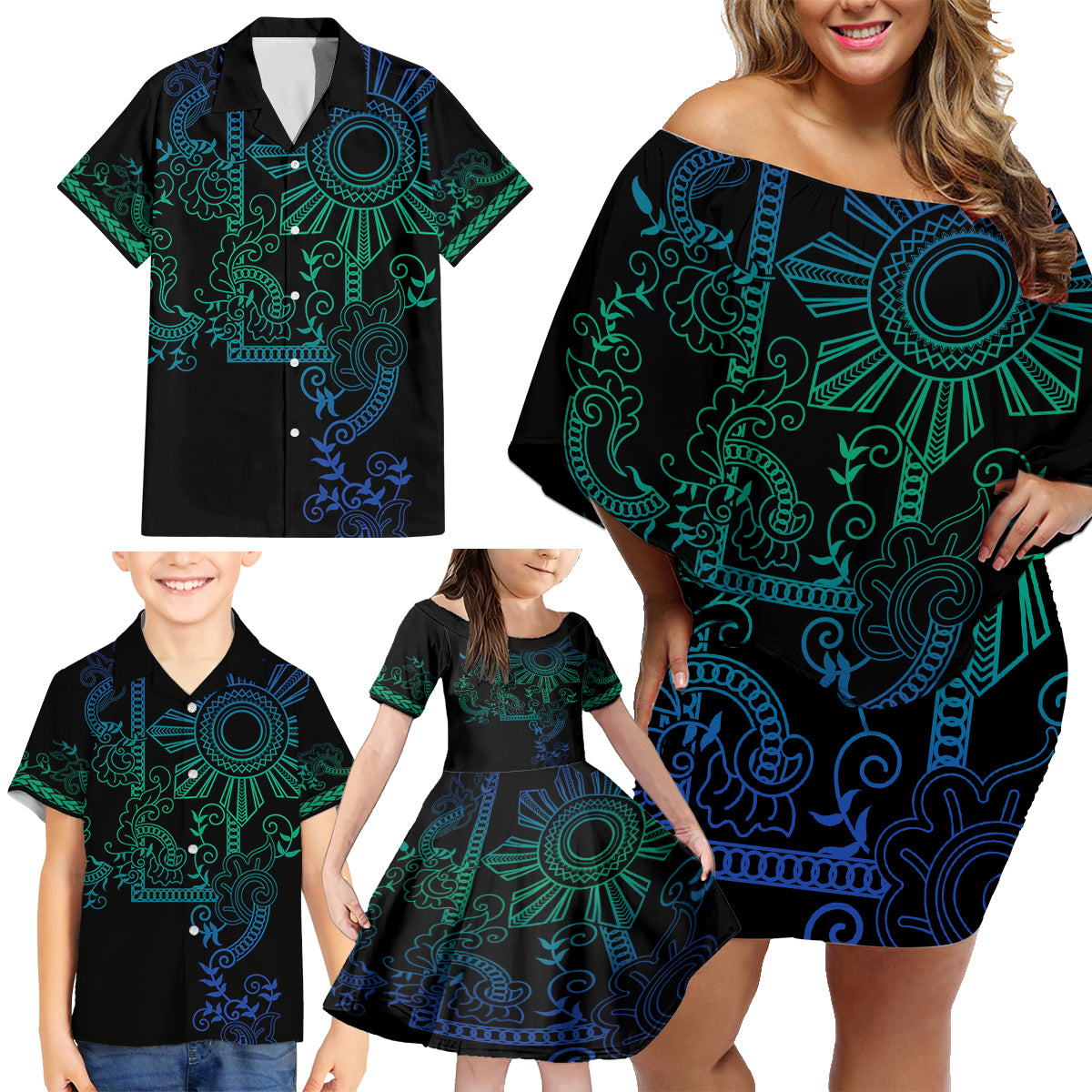 Filipino Sun Tribal Tattoo Family Matching Off Shoulder Short Dress and Hawaiian Shirt Philippines Inspired Barong Blue Art LT9 - Wonder Print Shop