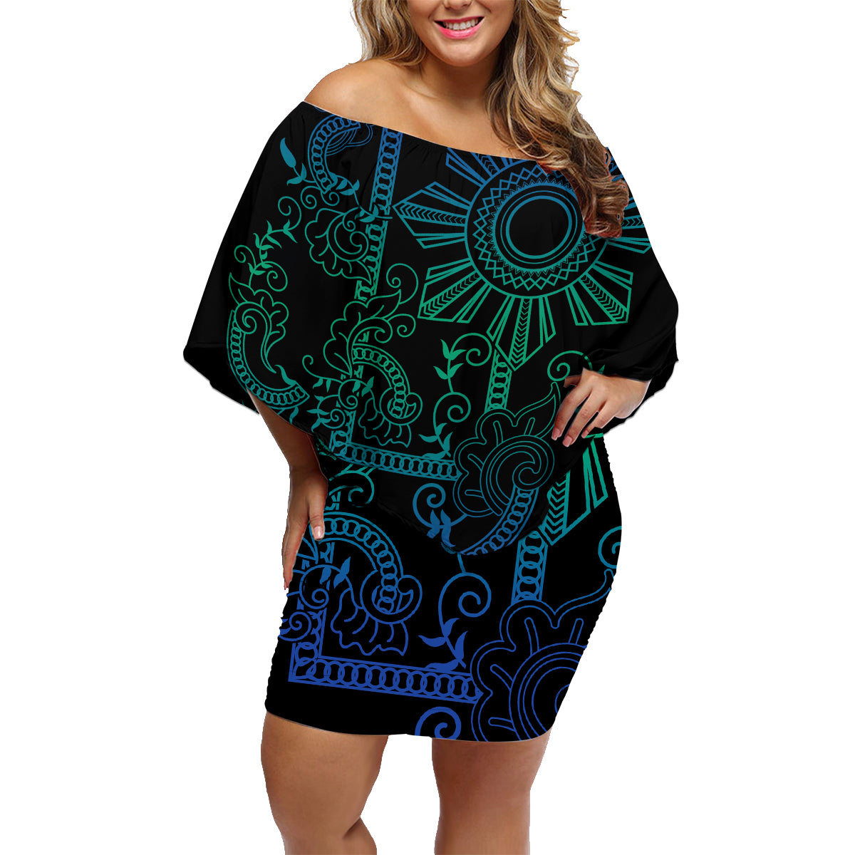 Filipino Sun Tribal Tattoo Family Matching Off Shoulder Short Dress and Hawaiian Shirt Philippines Inspired Barong Blue Art LT9 - Wonder Print Shop