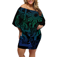Filipino Sun Tribal Tattoo Family Matching Off Shoulder Short Dress and Hawaiian Shirt Philippines Inspired Barong Blue Art LT9 - Wonder Print Shop