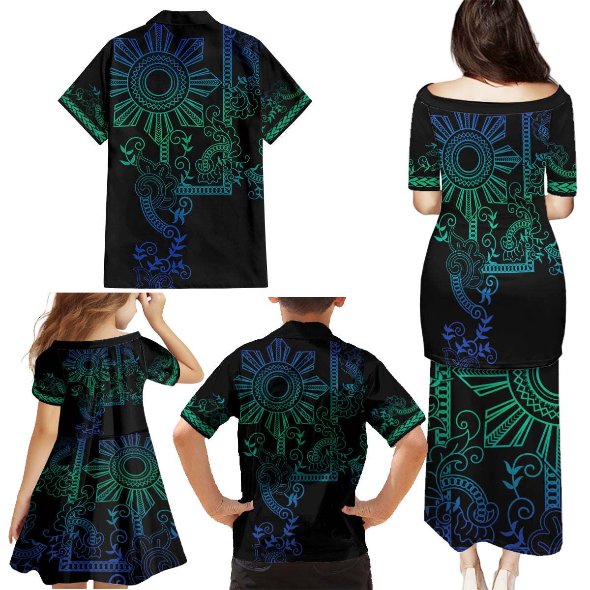 Filipino Sun Tribal Tattoo Family Matching Puletasi and Hawaiian Shirt Philippines Inspired Barong Blue Art - Wonder Print Shop
