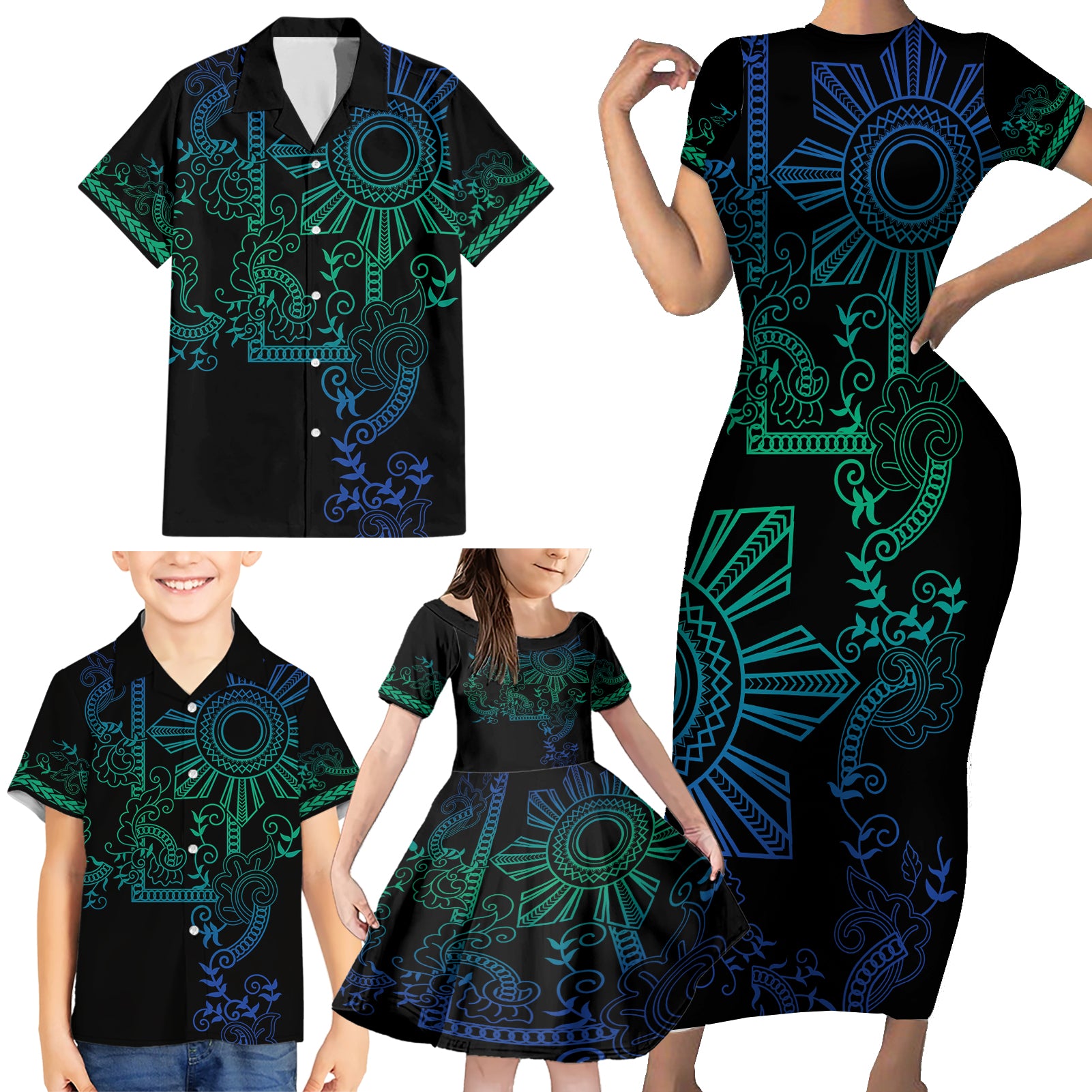 Filipino Sun Tribal Tattoo Family Matching Short Sleeve Bodycon Dress and Hawaiian Shirt Philippines Inspired Barong Blue Art - Wonder Print Shop