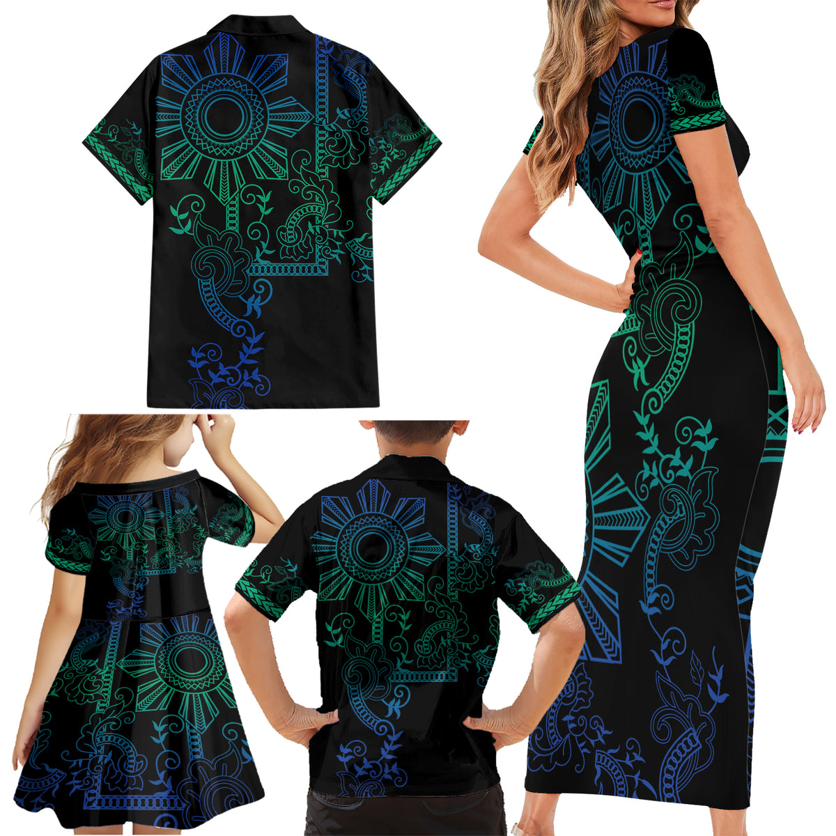 Filipino Sun Tribal Tattoo Family Matching Short Sleeve Bodycon Dress and Hawaiian Shirt Philippines Inspired Barong Blue Art - Wonder Print Shop