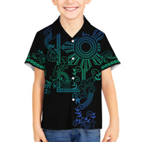 Filipino Sun Tribal Tattoo Family Matching Short Sleeve Bodycon Dress and Hawaiian Shirt Philippines Inspired Barong Blue Art - Wonder Print Shop