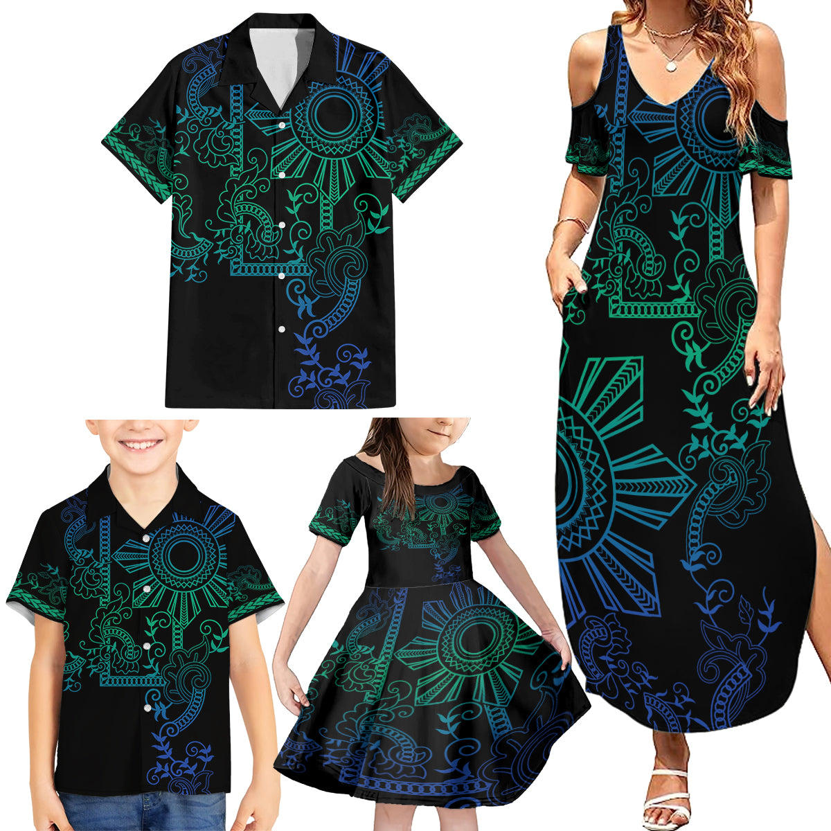 Filipino Sun Tribal Tattoo Family Matching Summer Maxi Dress and Hawaiian Shirt Philippines Inspired Barong Blue Art - Wonder Print Shop