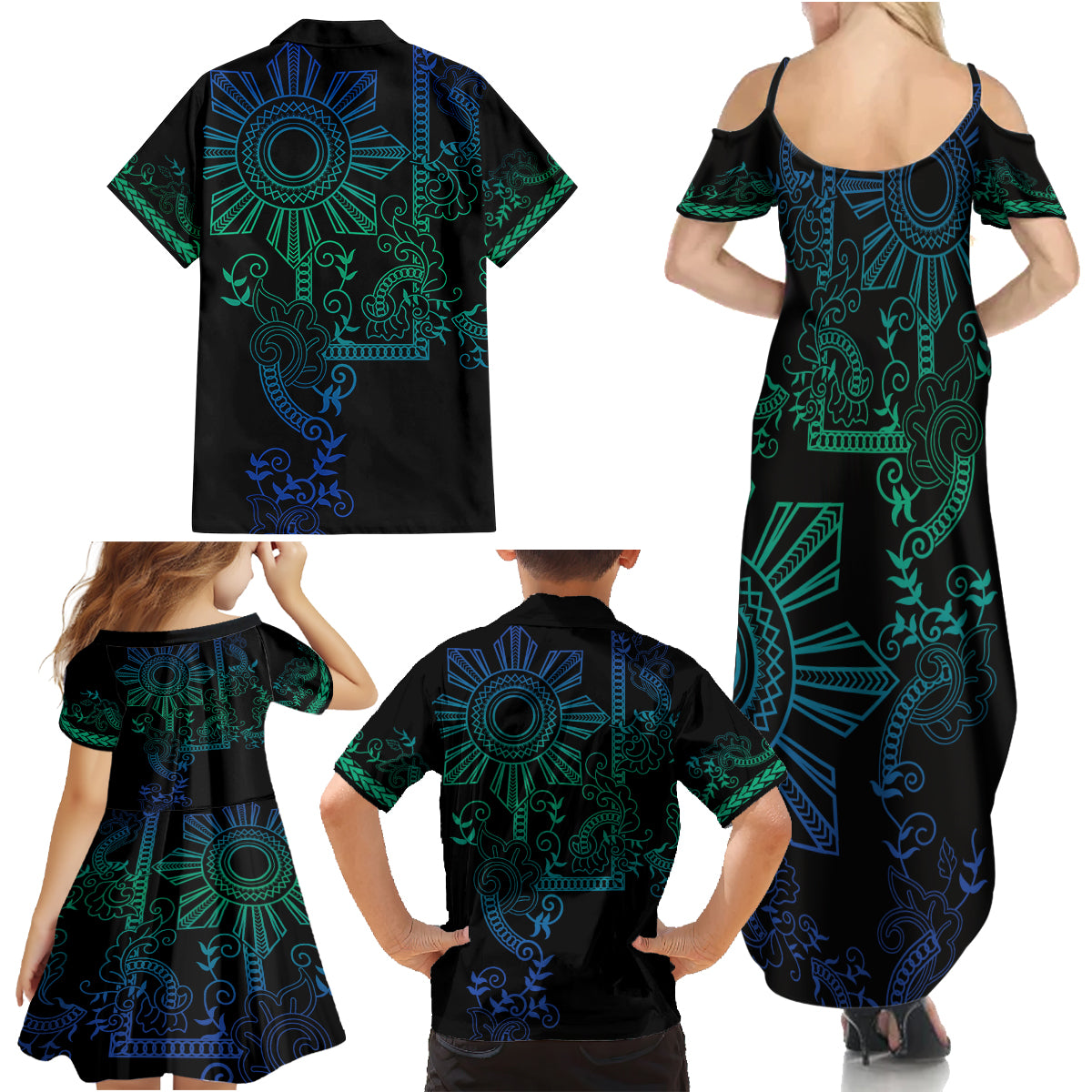 Filipino Sun Tribal Tattoo Family Matching Summer Maxi Dress and Hawaiian Shirt Philippines Inspired Barong Blue Art - Wonder Print Shop