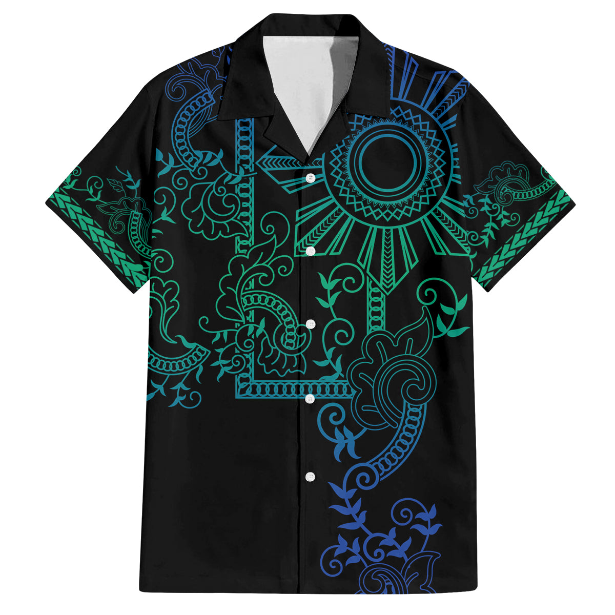 Filipino Sun Tribal Tattoo Family Matching Summer Maxi Dress and Hawaiian Shirt Philippines Inspired Barong Blue Art - Wonder Print Shop