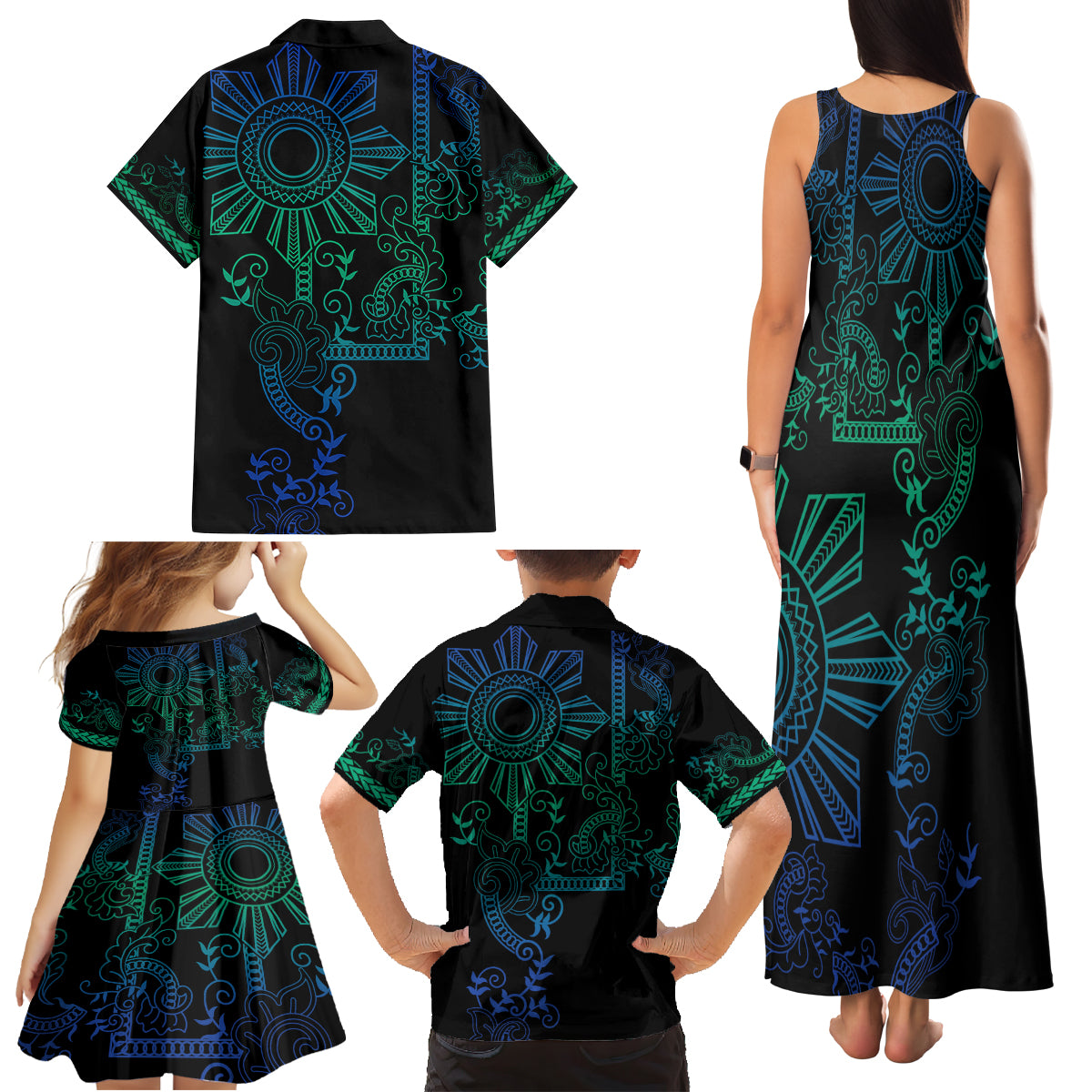 Filipino Sun Tribal Tattoo Family Matching Tank Maxi Dress and Hawaiian Shirt Philippines Inspired Barong Blue Art - Wonder Print Shop