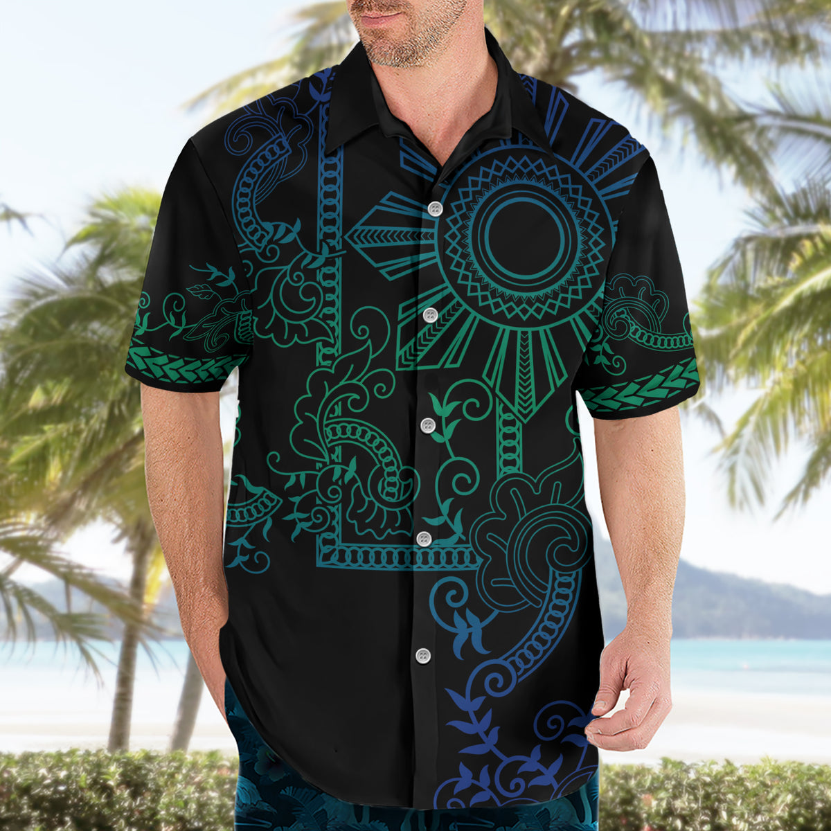 Filipino Sun Tribal Tattoo Hawaiian Shirt Philippines Inspired Barong Blue Art - Wonder Print Shop