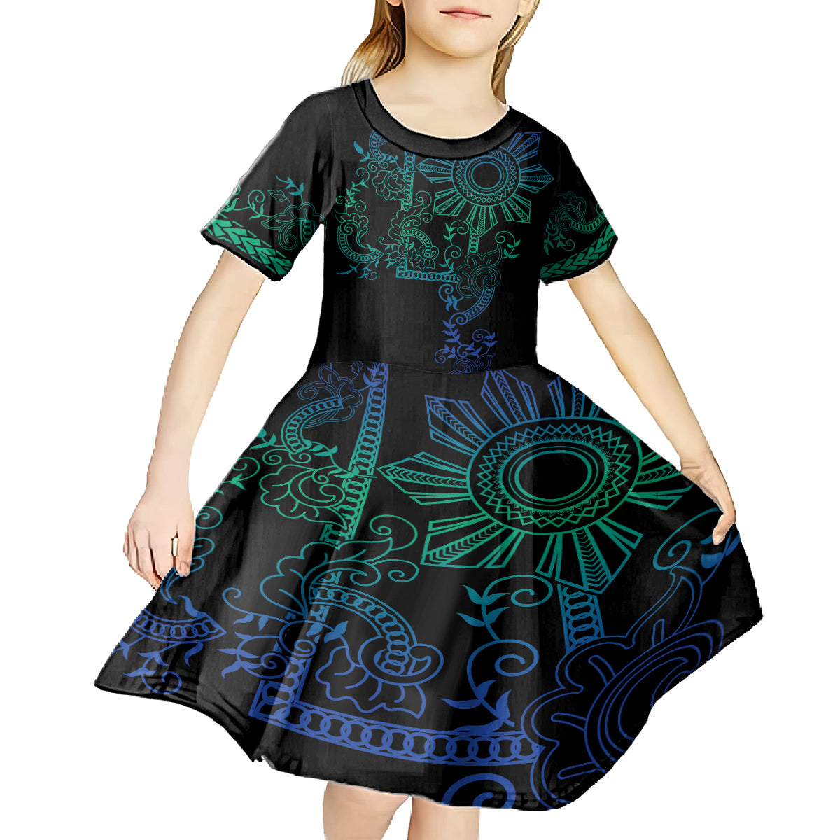 Filipino Sun Tribal Tattoo Kid Short Sleeve Dress Philippines Inspired Barong Blue Art - Wonder Print Shop
