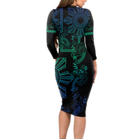 Filipino Sun Tribal Tattoo Long Sleeve Bodycon Dress Philippines Inspired Barong Blue Art - Wonder Print Shop