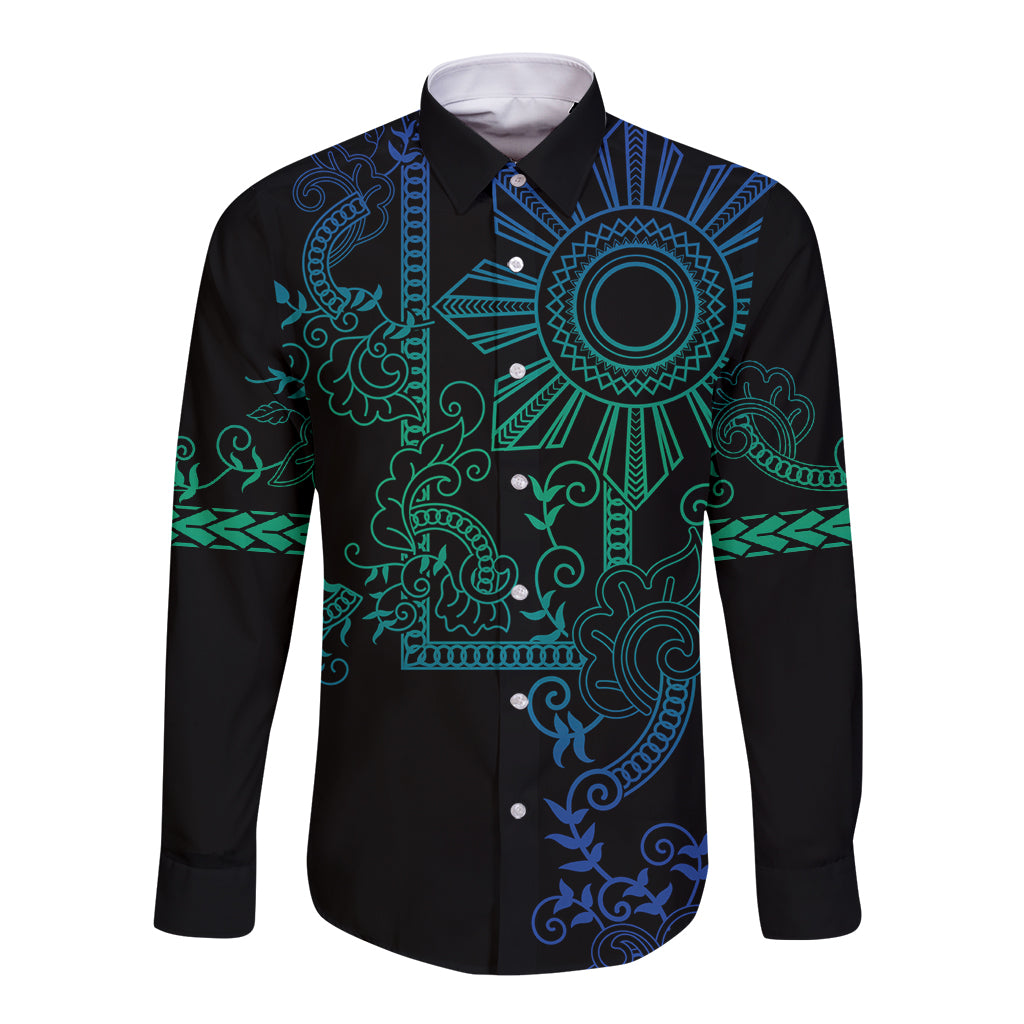 Filipino Sun Tribal Tattoo Long Sleeve Button Shirt Philippines Inspired Barong Blue Art - Wonder Print Shop