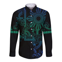 Filipino Sun Tribal Tattoo Long Sleeve Button Shirt Philippines Inspired Barong Blue Art - Wonder Print Shop