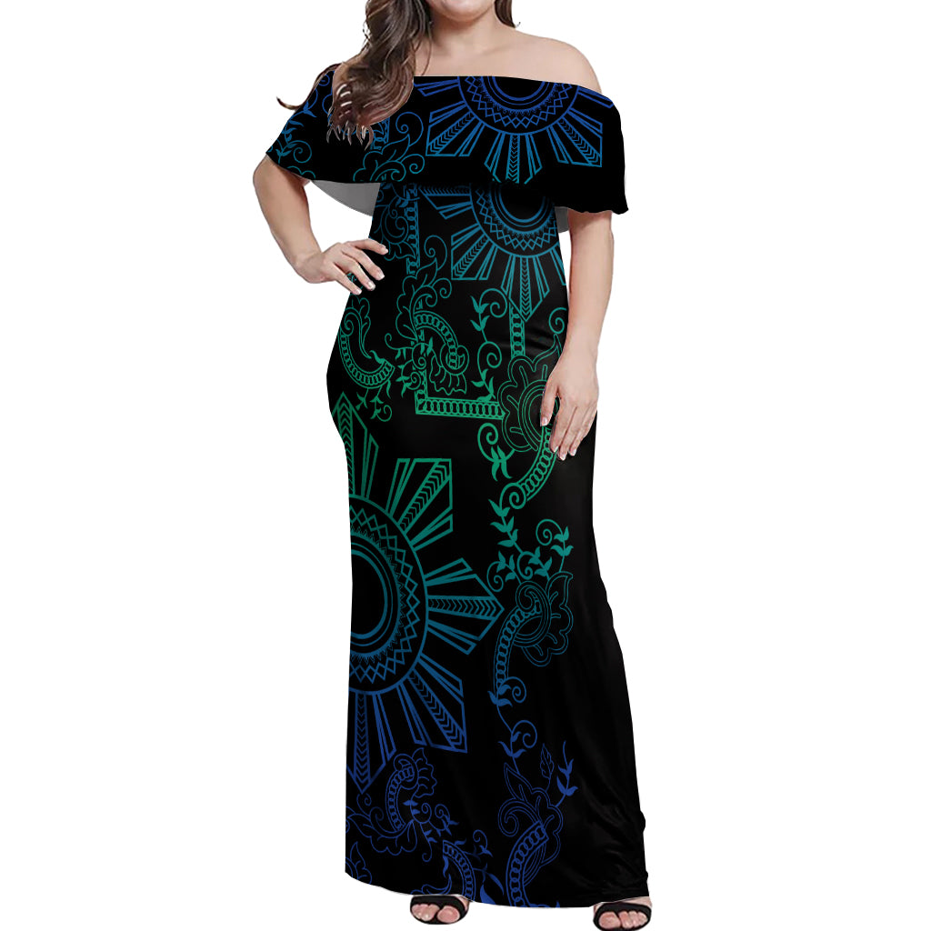 Filipino Sun Tribal Tattoo Off Shoulder Maxi Dress Philippines Inspired Barong Blue Art - Wonder Print Shop